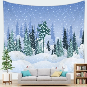 Tapiz de pared de bosque invernal nevado con pinos y pájaros para decoración