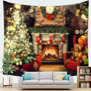 Detailed view of Christmas tree and fireplace tapestry hanging over a modern sofa