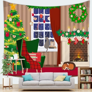 Cozy Christmas tree wall tapestry detail featuring a fireplace and sleeping dog illustration