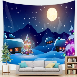 Detailed view of Christmas tree wall tapestry hanging above a cozy sofa in a winter room