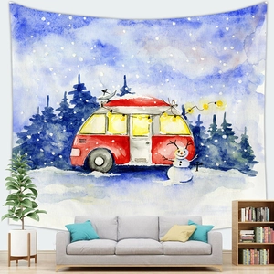Detail of a festive watercolor tapestry with a red camper van in a cozy winter scene
