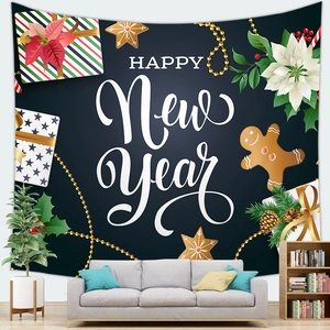 Christmas Santa tapestry with Happy New Year text hung above a grey sofa in a living room