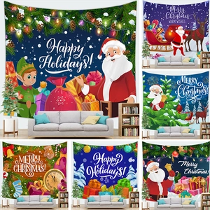 Christmas Wall Hanging Tapestry Santa Claus Christmas Tree Reindeer Peach Skin Plush Festive Fabric Background Cloth Decor