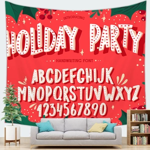 Detailed living room scene featuring a red festive Christmas tapestry with retro typography