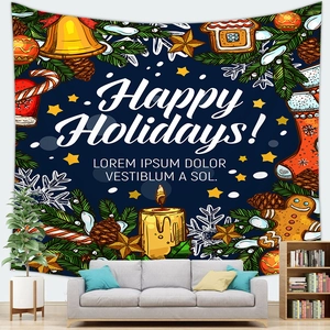Cozy living room view showing a Christmas tapestry with gold bells and festive icons