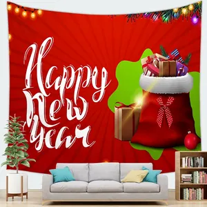 Detail of red Happy New Year tapestry with gift bag and festive patterns on soft fabric