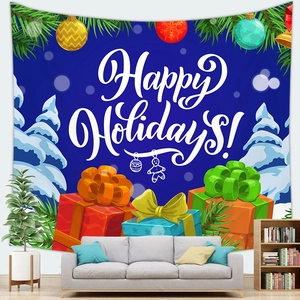 Detailed view of festive Christmas tapestry with gifts and Happy Holidays typography on wall