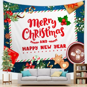 Detail of Christmas wall tapestry with festive hot cocoa and Merry Christmas typography