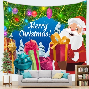Santa Claus tapestry hanging on wall with Merry Christmas greeting and Xmas tree