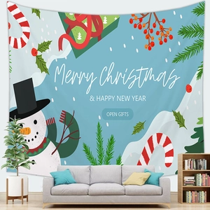 Light blue Christmas wall tapestry featuring snowman and gift boxes for living room decor