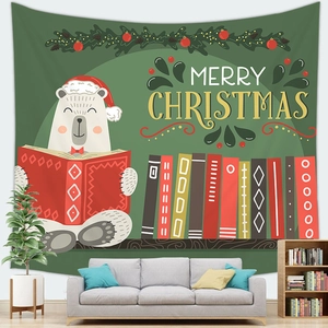 Christmas tapestry featuring a cute polar bear reading books and Merry Christmas text