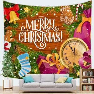 Detail of Christmas tapestry with Merry Christmas text on rustic wood background