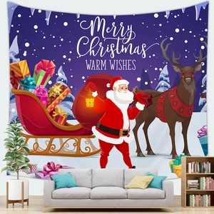 Cozy living room view with Santa Claus Christmas tapestry hanging above a grey sofa