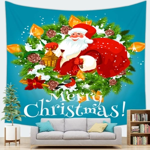 Detail of Christmas tapestry featuring Santa Claus in a festive wreath on a blue background