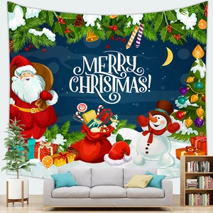 Detail van kerstwandkleed met kerstman op motor en feestelijke tekst aan de woonkamer muur