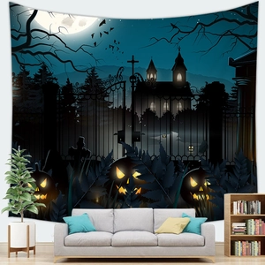 Halloween wandkleed detail met gloeiende pompoenen en kasteel onder de volle maan