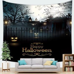 Detail van Halloween-wandtapijt met boskasteel en gouden tekst Happy Halloween