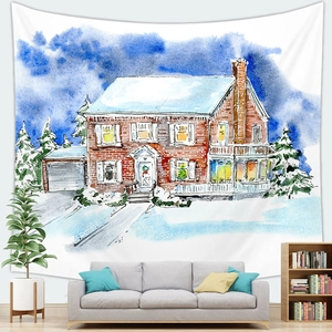 Tapiz navideño con escena de nieve en acuarela y casa de ladrillo rojo para decoración mural