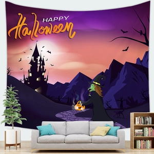 Halloween wandkleed met boskasteel, heks en vleermuizen boven een grijze bank