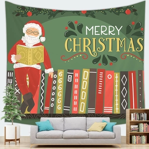 Christmas Santa Claus sitting on books green wall tapestry for home festive decoration