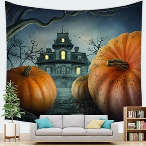 Detail of Halloween tapestry showing pumpkin castle and spooky night scene on wall