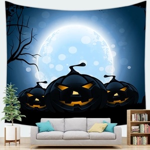 Halloween tapestry with glowing pumpkins and a blue moon over a sofa background