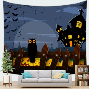 Halloween tapestry with pumpkin, castle, and owl icons on dark blue wall background