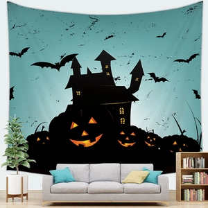Halloween tapestry with pumpkin, spooky castle and bats silhouettes for wall decor