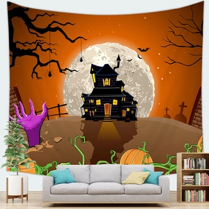Detailed view of Halloween tapestry featuring spooky castle and pumpkins above a sofa