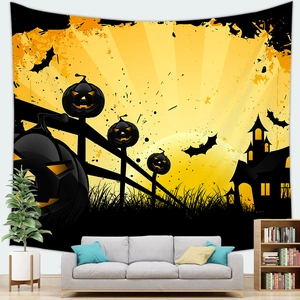 Macro detail of Halloween tapestry texture featuring spooky pumpkin and castle silhouettes