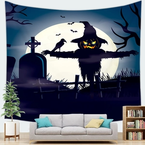 Halloween wall tapestry featuring a pumpkin scarecrow and graveyard scene in a cozy living room