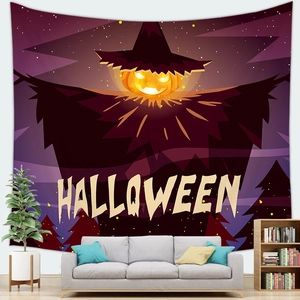 Halloween tapestry detail showing a scarecrow pumpkin head design above a living room sofa