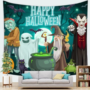Halloween decorative tapestry featuring Happy Halloween typography and cartoon ghosts on wall