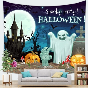 Detail of Halloween tapestry with spooky castle and ghosts in a modern living room