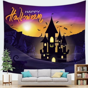 Macro detail of Halloween tapestry showing silhouette castle and bats on peach skin fabric