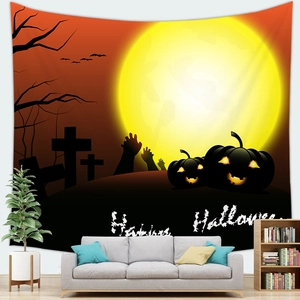 Macro detail of Halloween tapestry featuring spooky forest pumpkin and Happy Halloween text