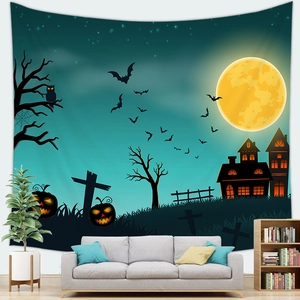 Halloween tapestry with pumpkin, moon, and haunted castle over a cozy living room sofa