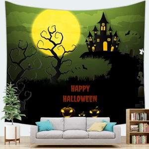 Detail of Halloween tapestry featuring spooky forest and pumpkin lanterns on a wall