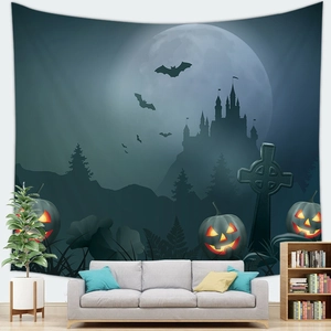 Detail of Halloween tapestry with pumpkin lanterns and castle over a living room sofa