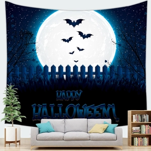Halloween tapestry with full moon and bats in a modern living room setting