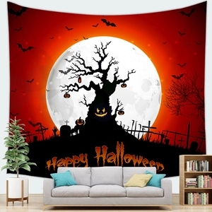 Detail showing a Halloween tapestry with moon and pumpkin lights on a living room wall