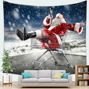 Detailed view of Santa Claus tapestry hanging on wall above a sofa in a cozy room
