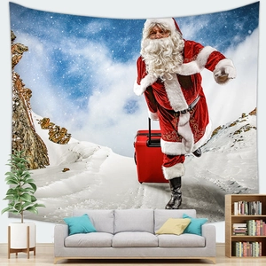 Christmas Santa Claus tapestry with snowy mountain background hanging in a cozy living room