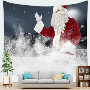 Santa Claus wall tapestry displayed above a sofa in a modern festive living room