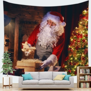 Close-up of Santa Claus tapestry on wall showcasing vivid festive workshop pattern