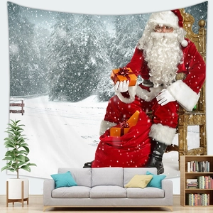 Detail of Santa Claus tapestry on wall showing digital printing and soft fabric texture