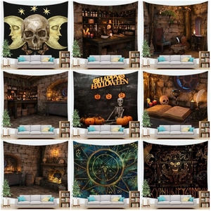 Halloween Thema Gothic Wandteppich Totenkopf Kürbis Alchemie Mystische Symbole Polyester Wandbehang Für Haus Party Deko