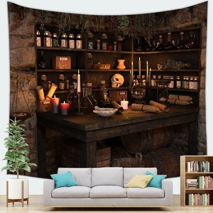 Wandteppich mit Alchemie-Labor-Motiv, Zaubertränken und Totenköpfen für Halloween
