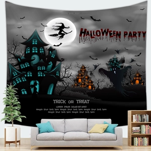 Halloween peach skin tapestry featuring a witch and haunted castle in a modern living room