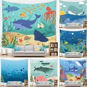 Cartoon Ocean Animal Undersea World Wall Tapestry Polyester 3D Printed Landscape Hanging Background Cloth For Home Decor